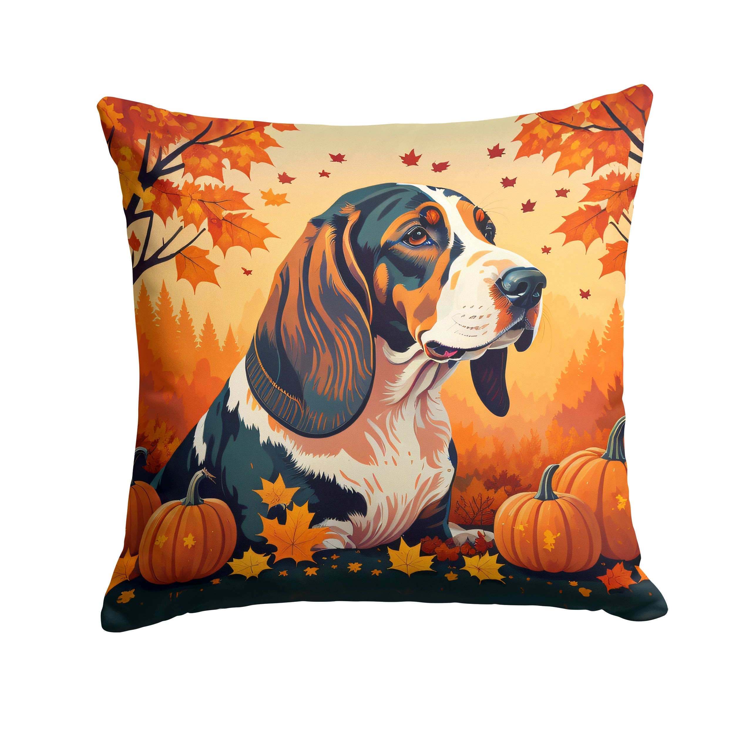 Basset Hound Fall Decorative Throw Pillow 18x18 Indoor Outdoor Accent Cushion, Fabric Cover with Insert for Sofa, Bed, Porch & Living Room