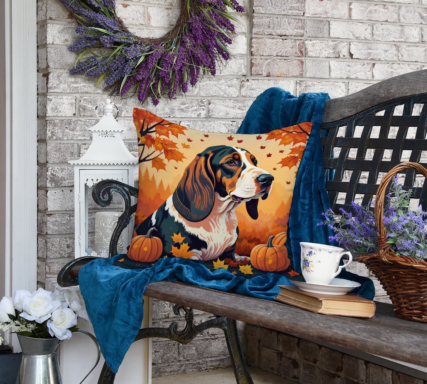 Basset Hound Fall Decorative Throw Pillow 18x18 Indoor Outdoor Accent Cushion, Fabric Cover with Insert for Sofa, Bed, Porch & Living Room