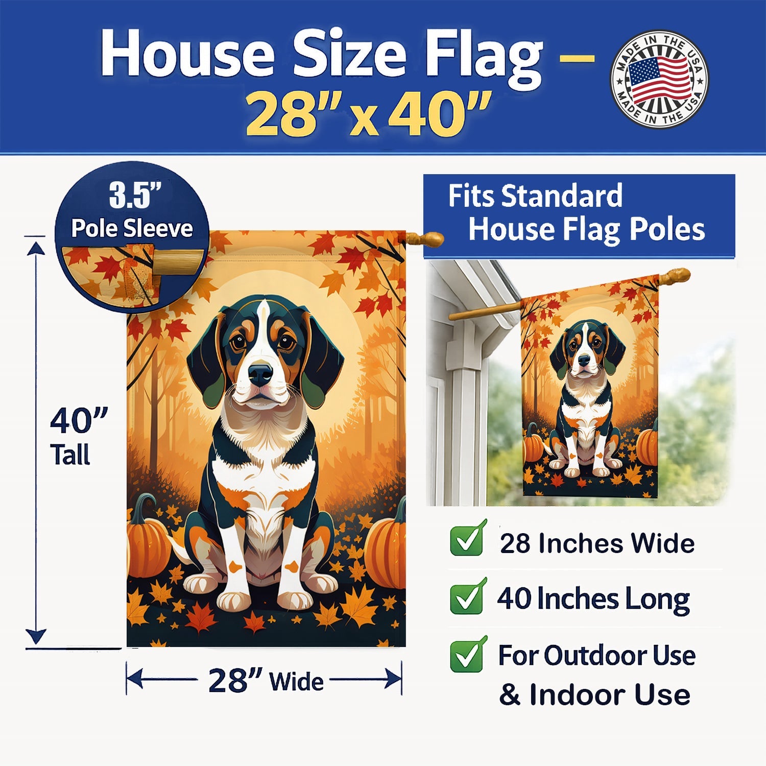 Beagle Fall House Flag 28x40 Porch Sleeve Pole Decorative Outside Yard Banner Artwork Wall Hanging, Polyester