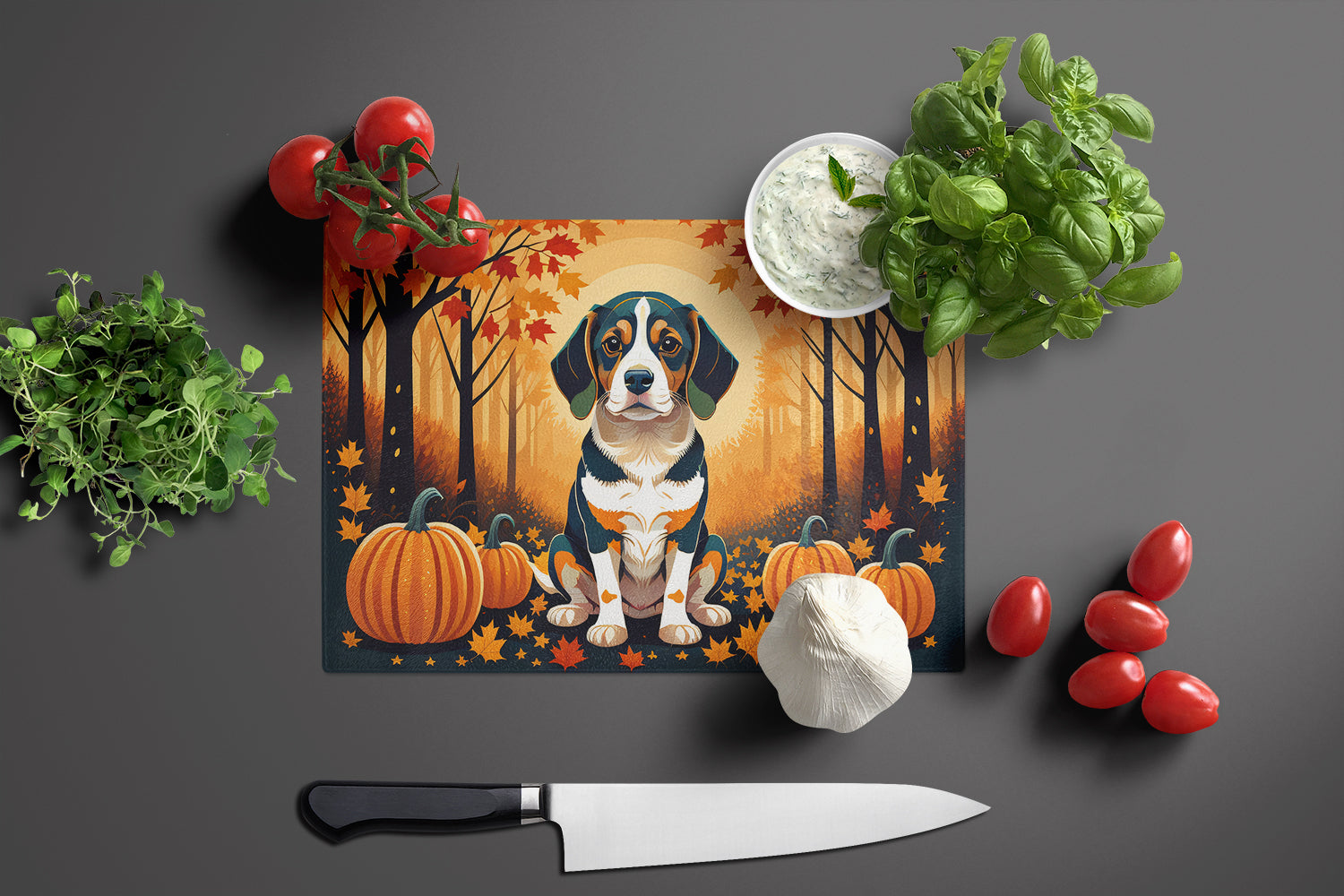 Beagle Fall Cutting Board Tempered Glass Kitchen Cutting Surface, Heat Resistant Chopping, Non-Slip Feet, Food Prep & Serving