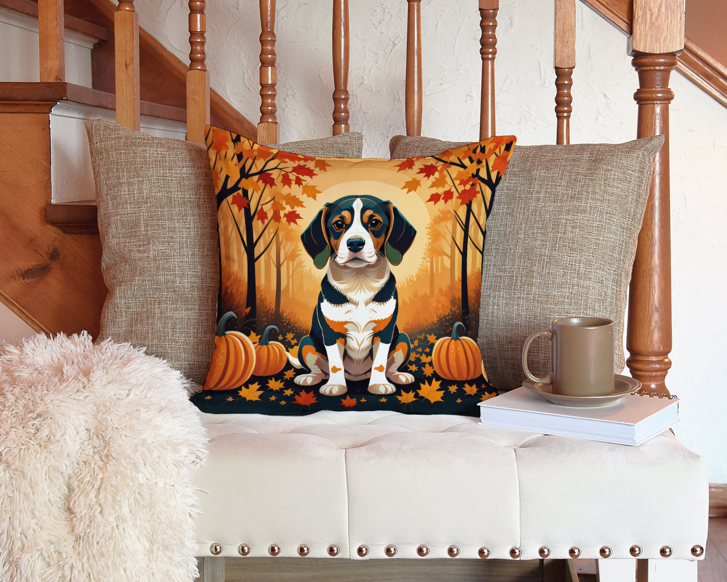Beagle Fall Decorative Throw Pillow 14x14 Indoor Outdoor Accent Cushion, Fabric Cover with Insert for Sofa, Bed, Porch & Living Room