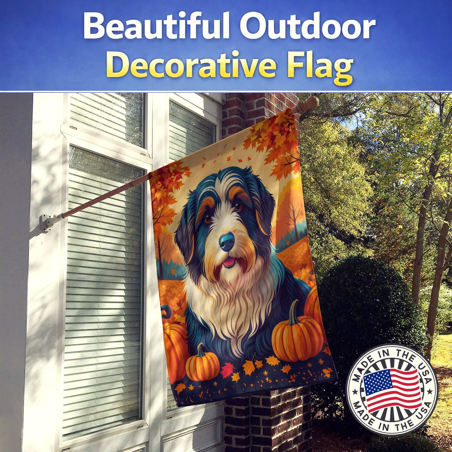 Bearded Collie Fall House Flag 28x40 Porch Sleeve Pole Decorative Outside Yard Banner Artwork Wall Hanging, Polyester