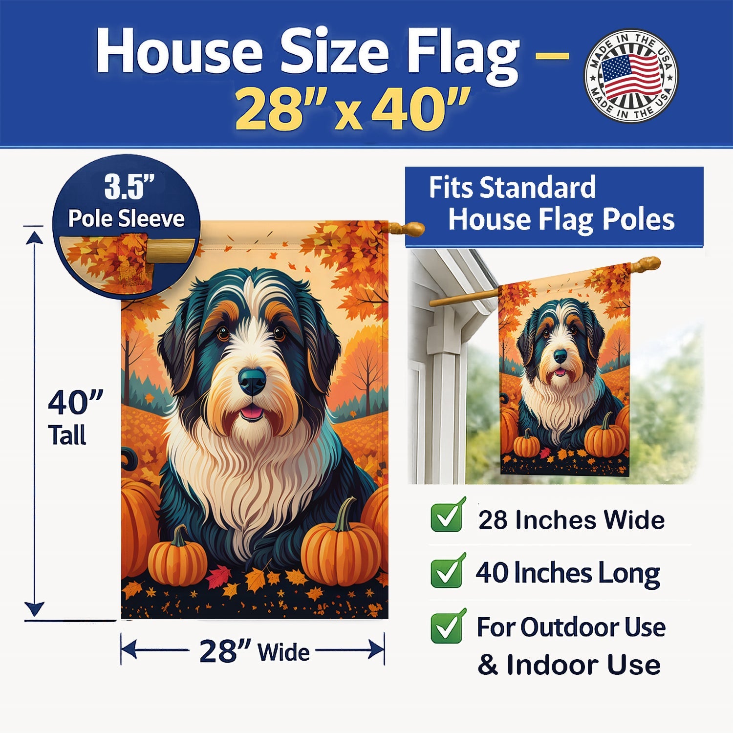 Bearded Collie Fall House Flag 28x40 Porch Sleeve Pole Decorative Outside Yard Banner Artwork Wall Hanging, Polyester