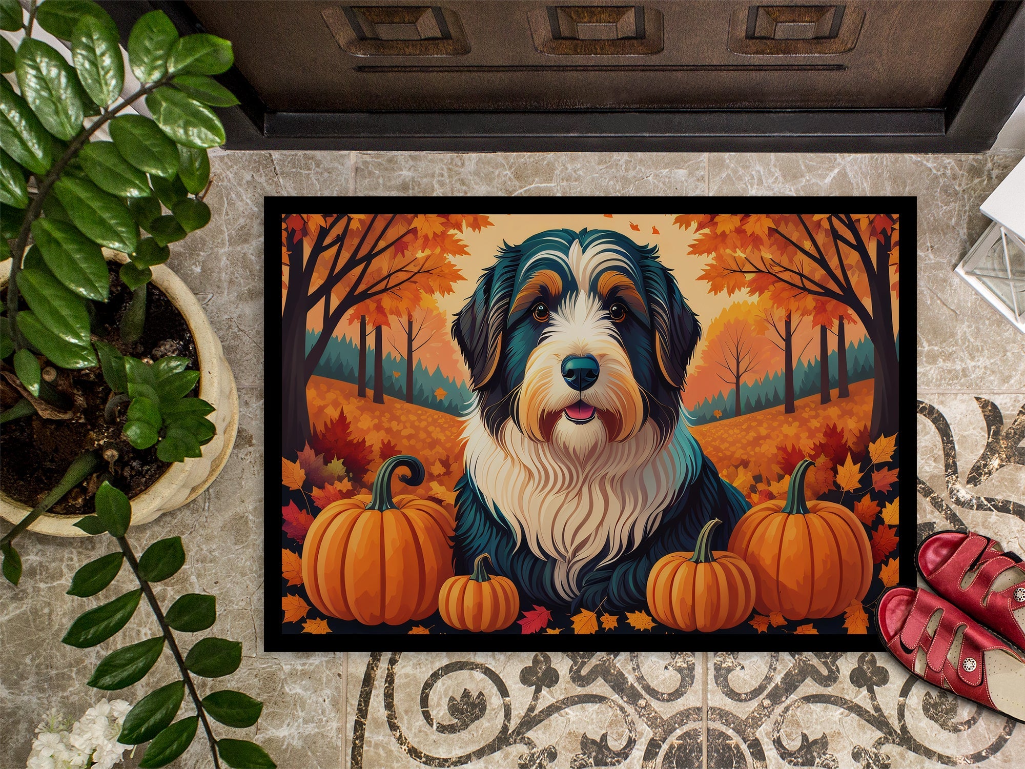 Bearded Collie Fall Doormat Indoor Outdoor 24H X 36W Front Door Mat Rugs for Entryway, Non Slip Washable Low Pile,