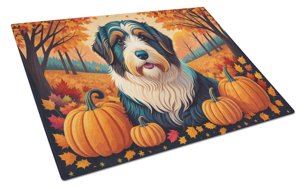 Bearded Collie Fall Cutting Board Tempered Glass Kitchen Cutting Surface, Heat Resistant Chopping, Non-Slip Feet, Food Prep & Serving