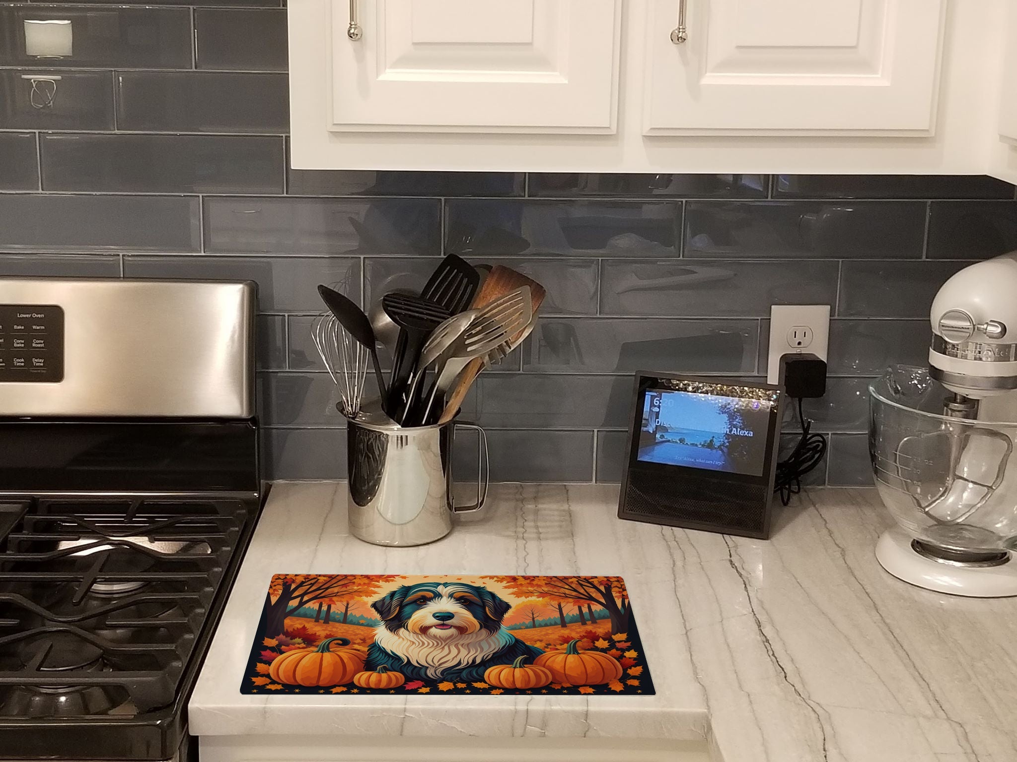Bearded Collie Fall Cutting Board Tempered Glass Kitchen Cutting Surface, Heat Resistant Chopping, Non-Slip Feet, Food Prep & Serving