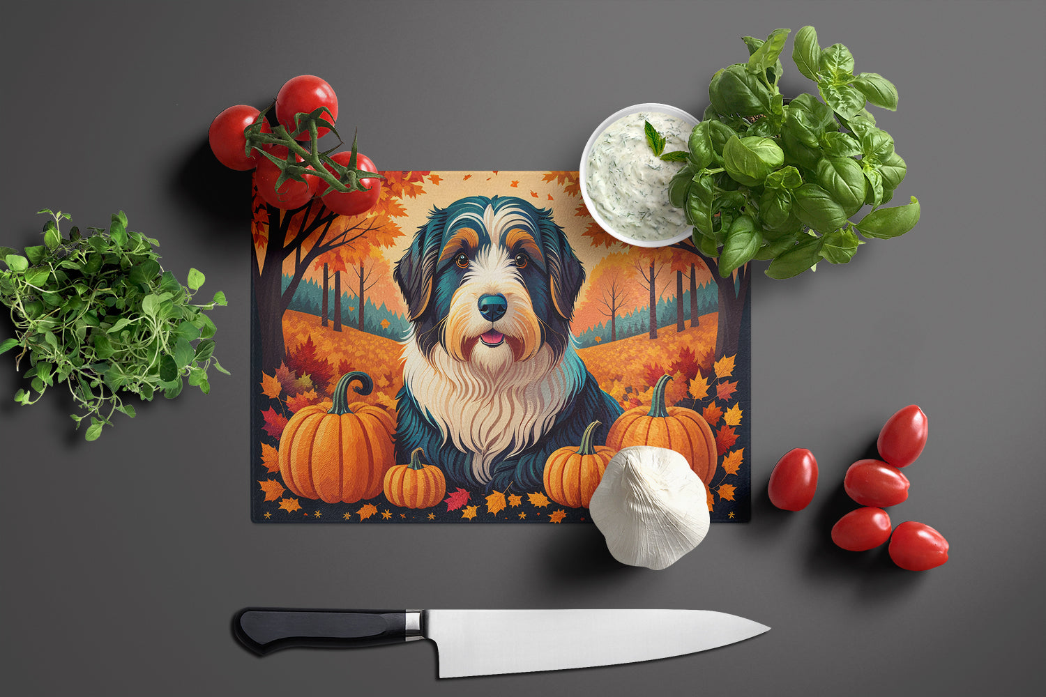 Bearded Collie Fall Cutting Board Tempered Glass Kitchen Cutting Surface, Heat Resistant Chopping, Non-Slip Feet, Food Prep & Serving