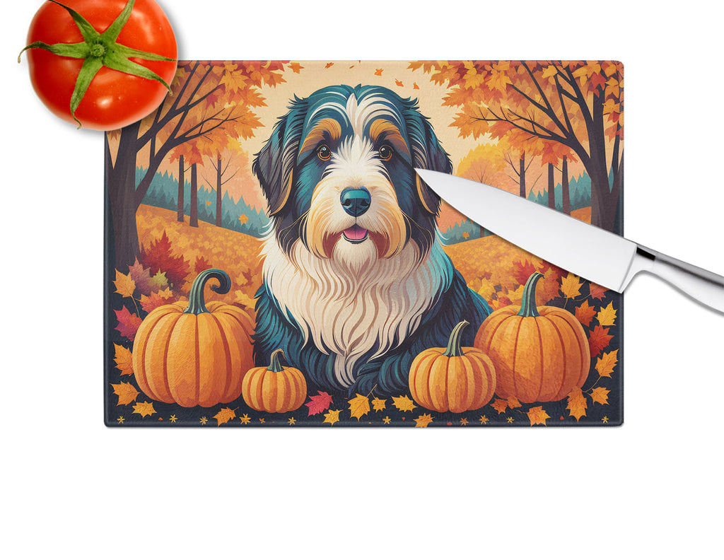 Bearded Collie Fall Cutting Board Tempered Glass Kitchen Cutting Surface, Heat Resistant Chopping, Non-Slip Feet, Food Prep & Serving