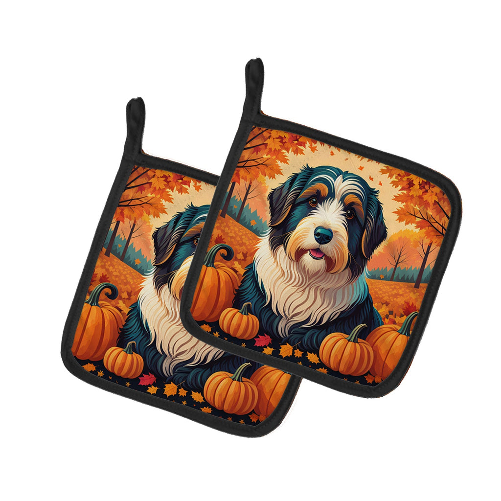 Bearded Collie Fall Pot Holder Set of 2 Heat Resistant Quilted Hot Pads 7.5 x 7.5 Inch, Insulated Kitchen Trivets for Cooking & Baking