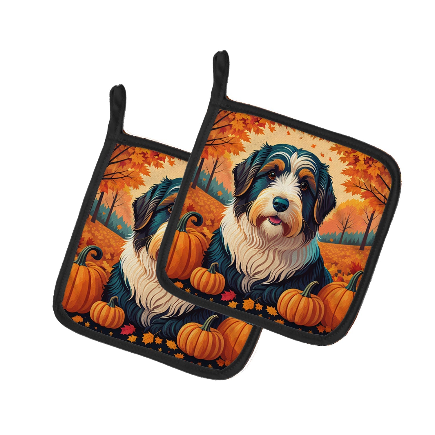Bearded Collie Fall Pot Holder Set of 2 Heat Resistant Quilted Hot Pads 7.5 x 7.5 Inch, Insulated Kitchen Trivets for Cooking & Baking