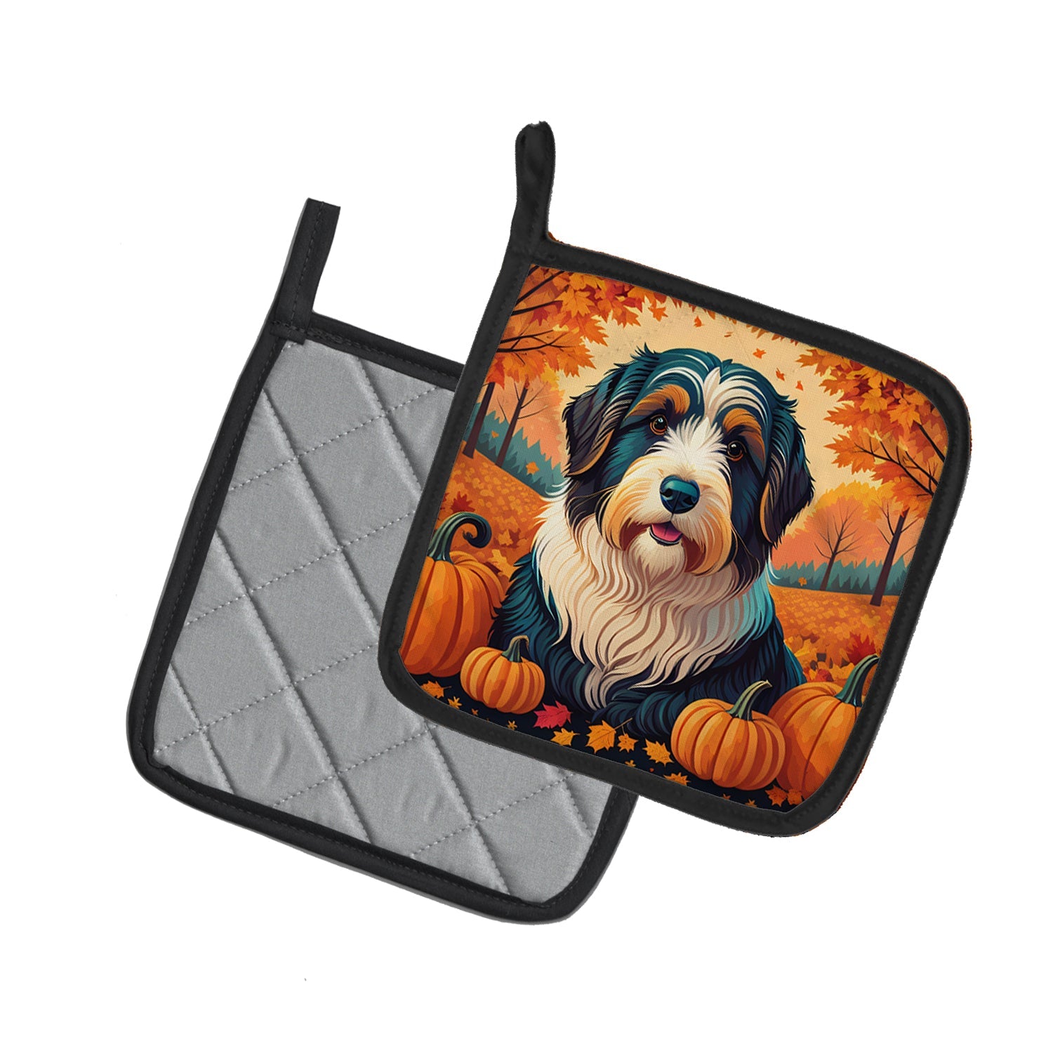 Bearded Collie Fall Pot Holder Set of 2 Heat Resistant Quilted Hot Pads 7.5 x 7.5 Inch, Insulated Kitchen Trivets for Cooking & Baking