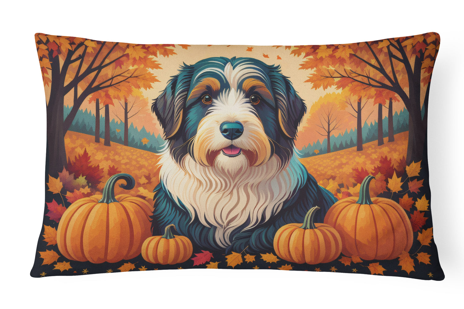Bearded Collie Fall Decorative Throw Pillow 12x16 Indoor Outdoor Accent Cushion, Fabric Cover with Insert for Sofa, Bed, Porch & Living Room