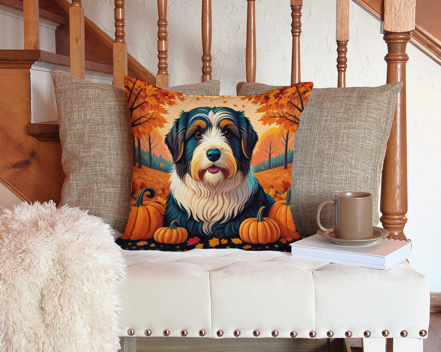 Bearded Collie Fall Decorative Throw Pillow 14x14 Indoor Outdoor Accent Cushion, Fabric Cover with Insert for Sofa, Bed, Porch & Living Room