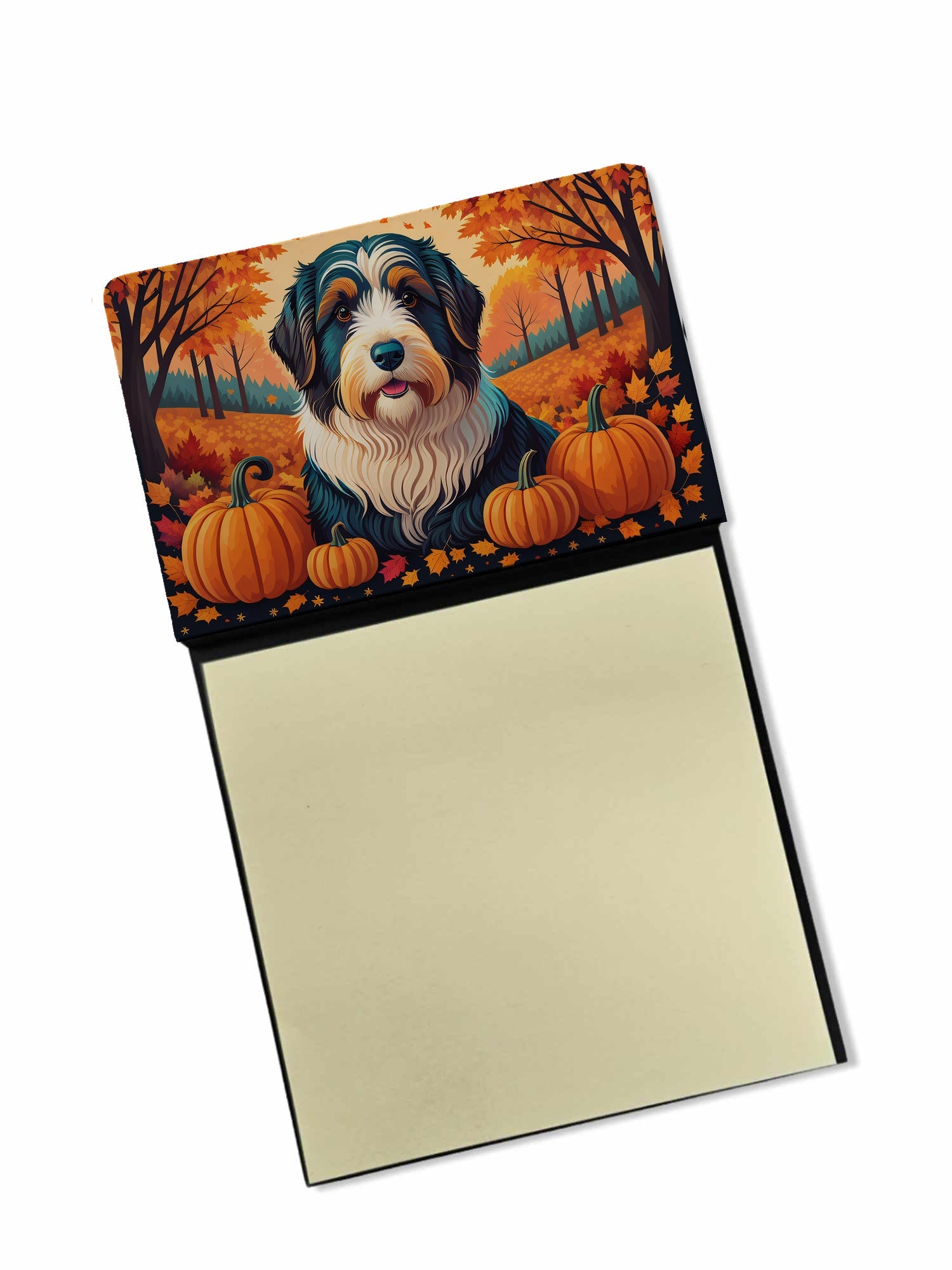 Bearded Collie Fall Watercolor Sticky Note Holder Refillable Dispenser Desk Accessory 3x3 Pad Gift