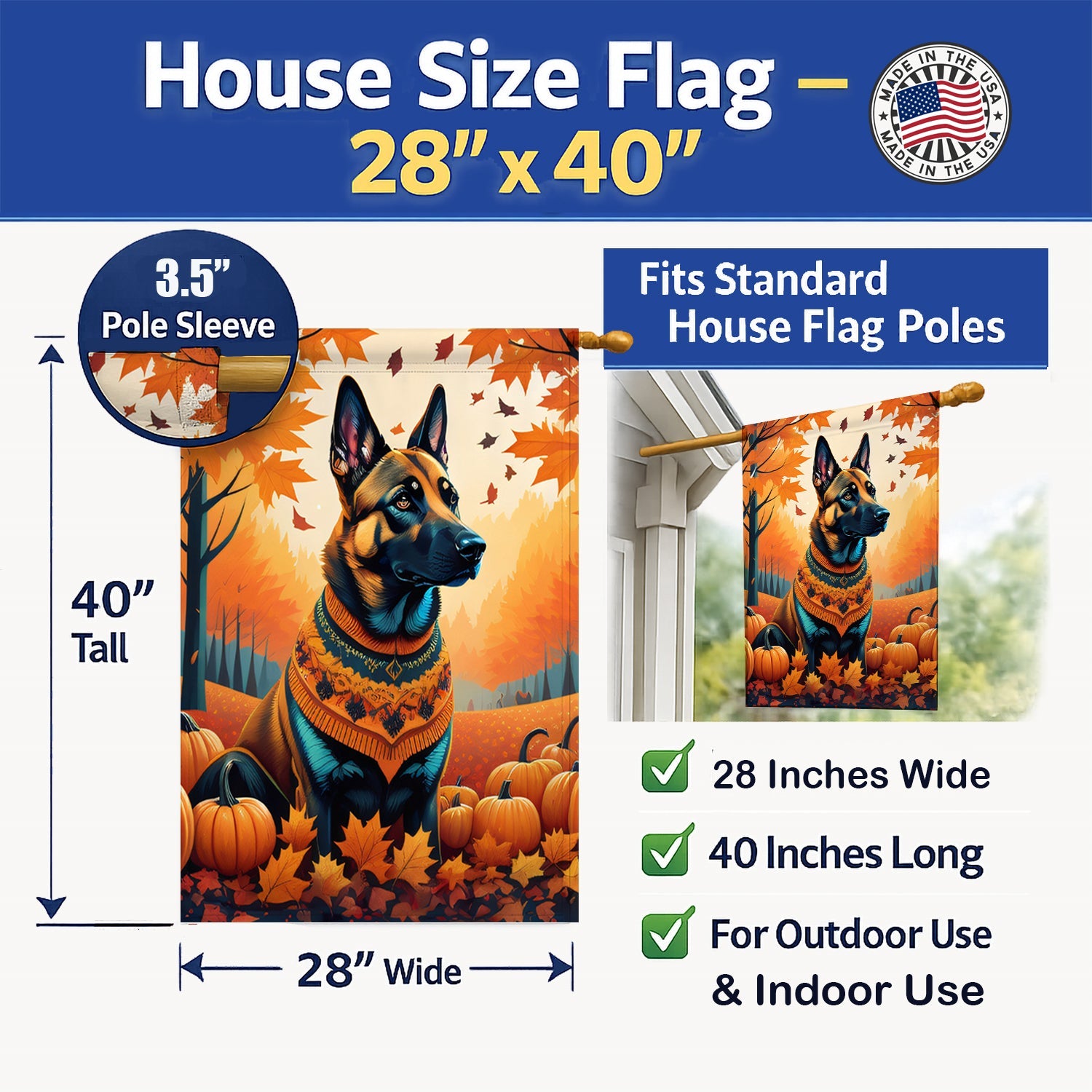 Belgian Malinois Fall House Flag 28x40 Porch Sleeve Pole Decorative Outside Yard Banner Artwork Wall Hanging, Polyester