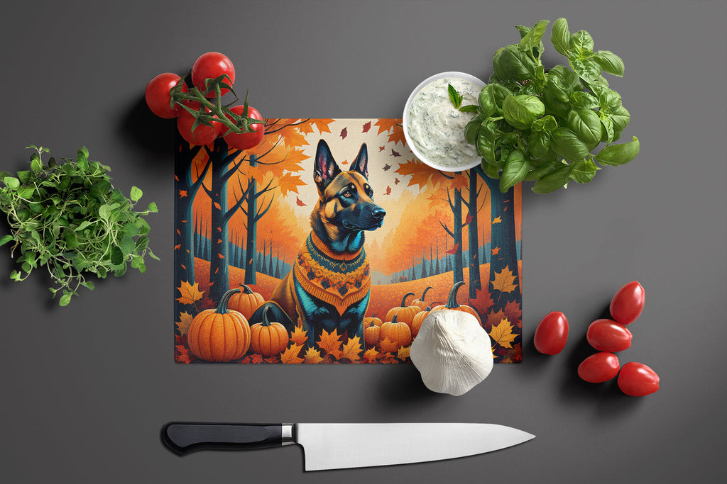 Belgian Malinois Fall Cutting Board Tempered Glass Kitchen Cutting Surface, Heat Resistant Chopping, Non-Slip Feet, Food Prep & Serving