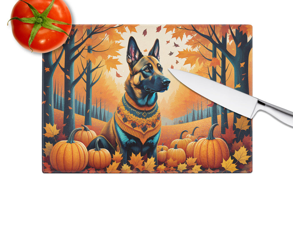 Belgian Malinois Fall Cutting Board Tempered Glass Kitchen Cutting Surface, Heat Resistant Chopping, Non-Slip Feet, Food Prep & Serving
