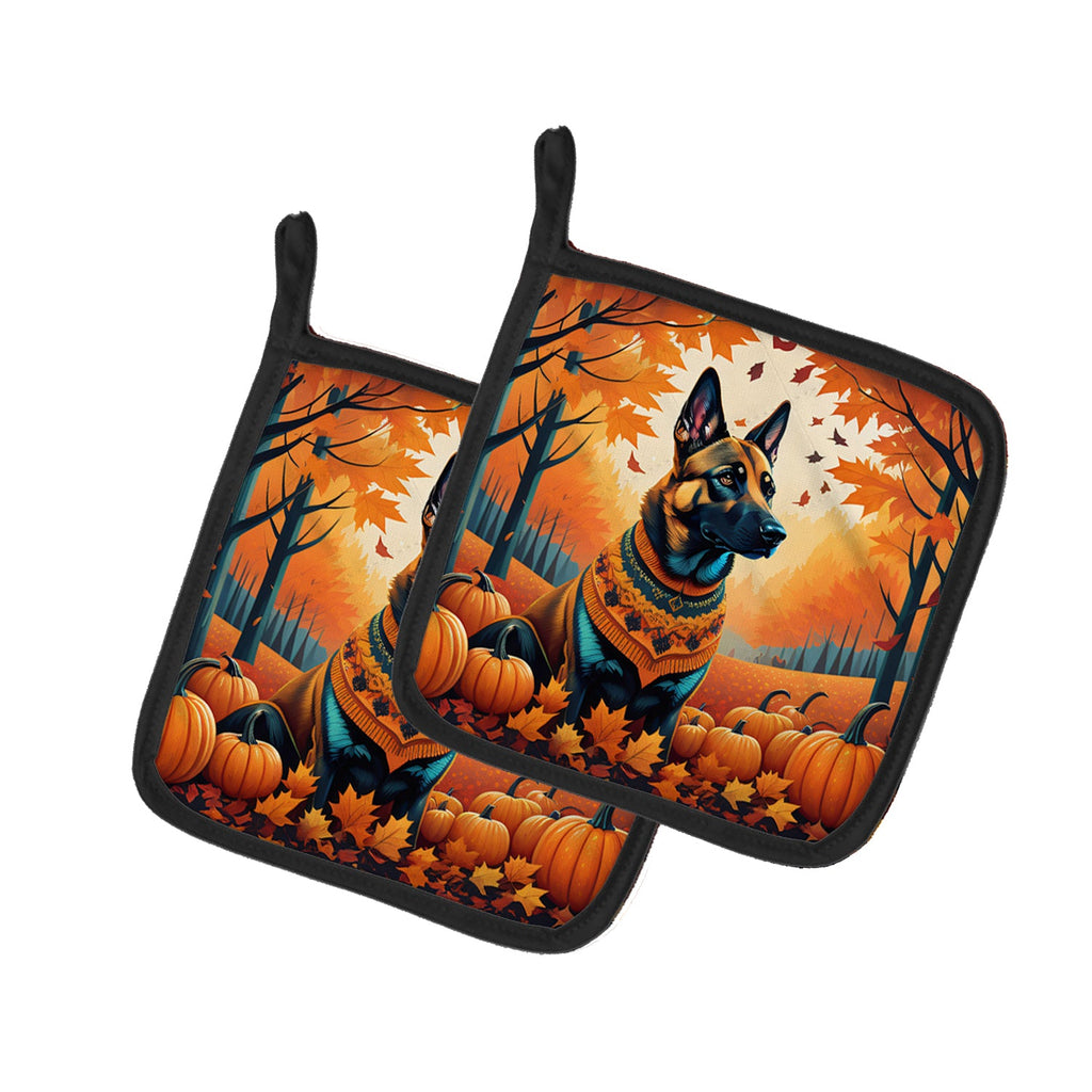 Belgian Malinois Fall Pot Holder Set of 2 Heat Resistant Quilted Hot Pads 7.5 x 7.5 Inch, Insulated Kitchen Trivets for Cooking & Baking