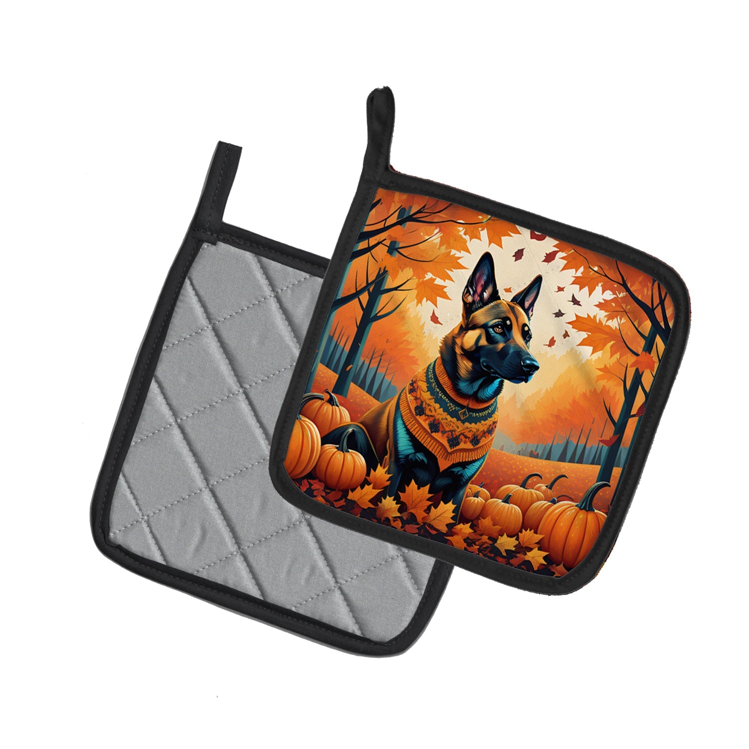 Belgian Malinois Fall Pot Holder Set of 2 Heat Resistant Quilted Hot Pads 7.5 x 7.5 Inch, Insulated Kitchen Trivets for Cooking & Baking