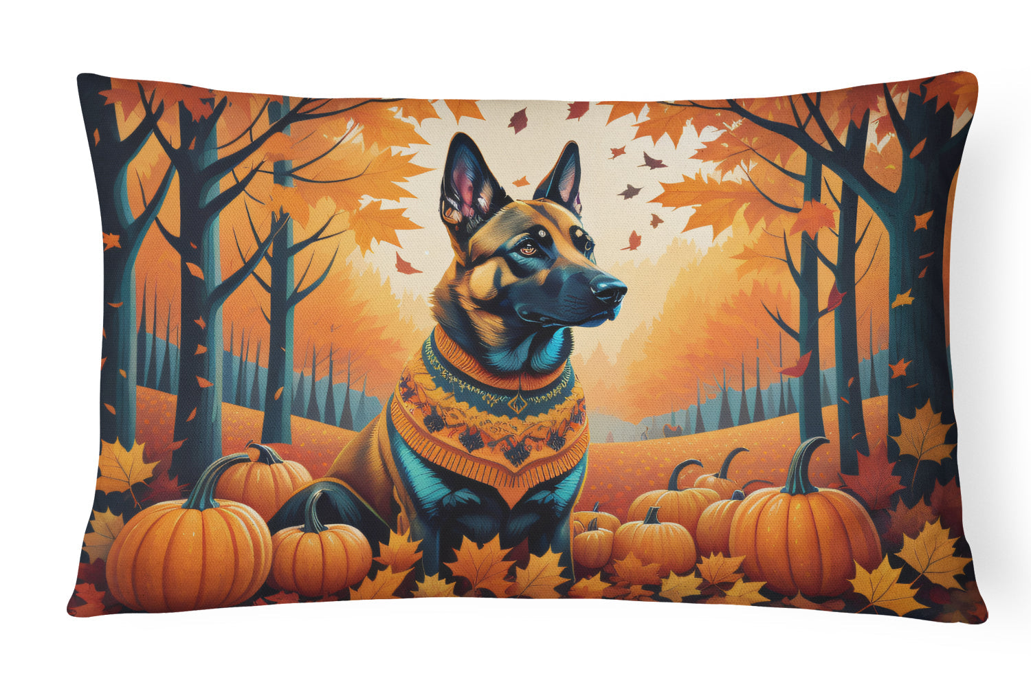 Belgian Malinois Fall Decorative Throw Pillow 12x16 Indoor Outdoor Accent Cushion, Fabric Cover with Insert for Sofa, Bed, Porch & Living Room