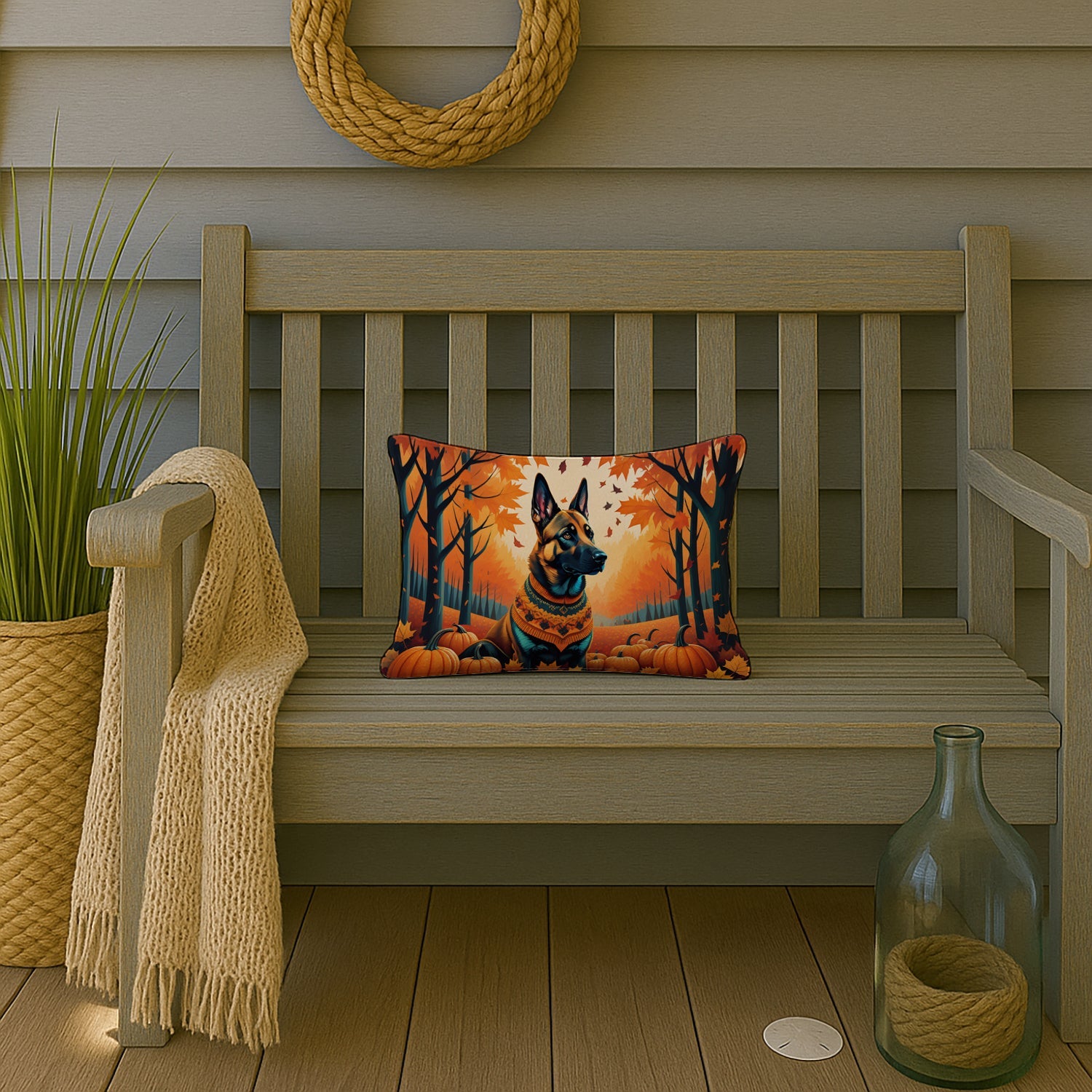Belgian Malinois Fall Decorative Throw Pillow 12x16 Indoor Outdoor Accent Cushion, Fabric Cover with Insert for Sofa, Bed, Porch & Living Room