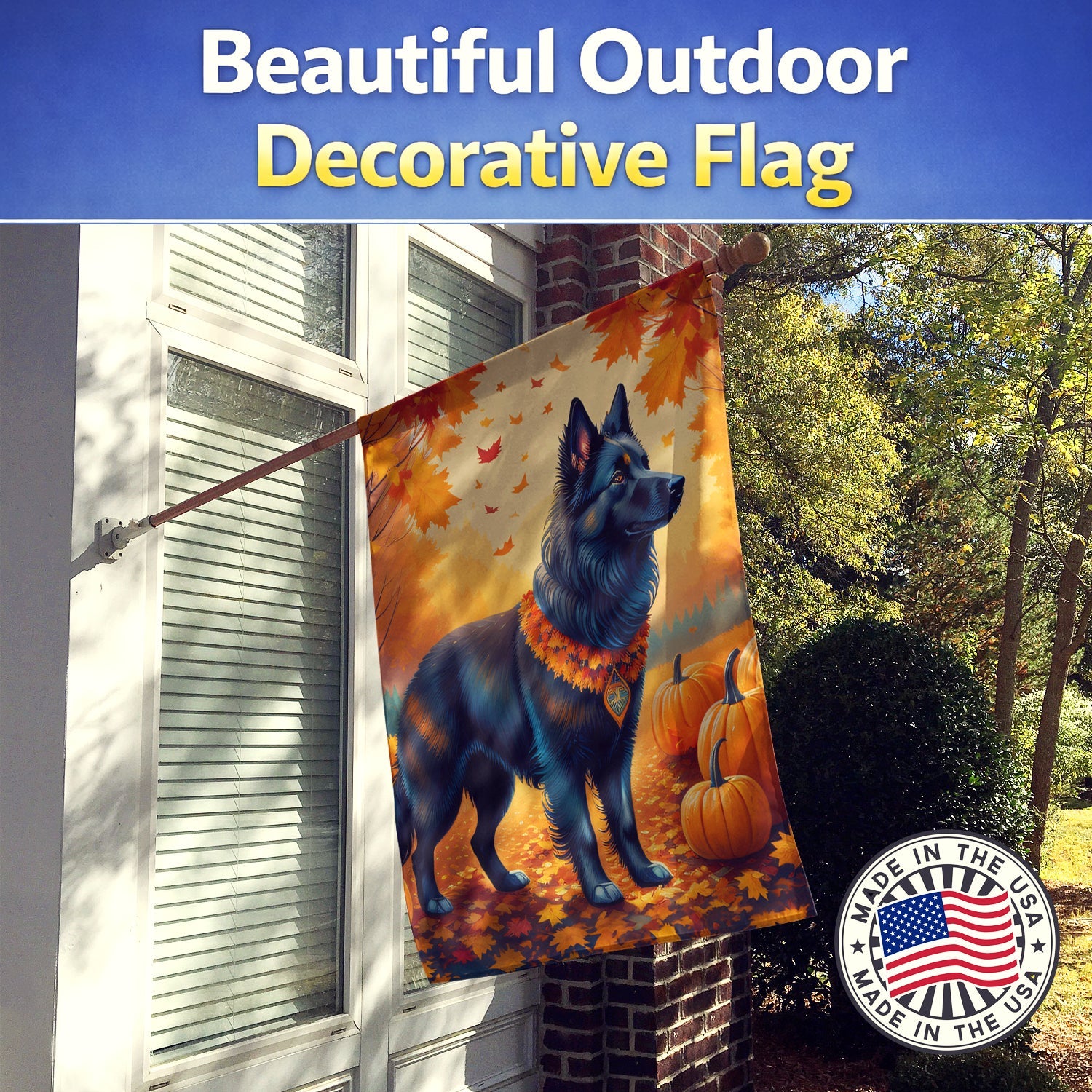Belgian Sheepdog Fall House Flag 28x40 Porch Sleeve Pole Decorative Outside Yard Banner Artwork Wall Hanging, Polyester