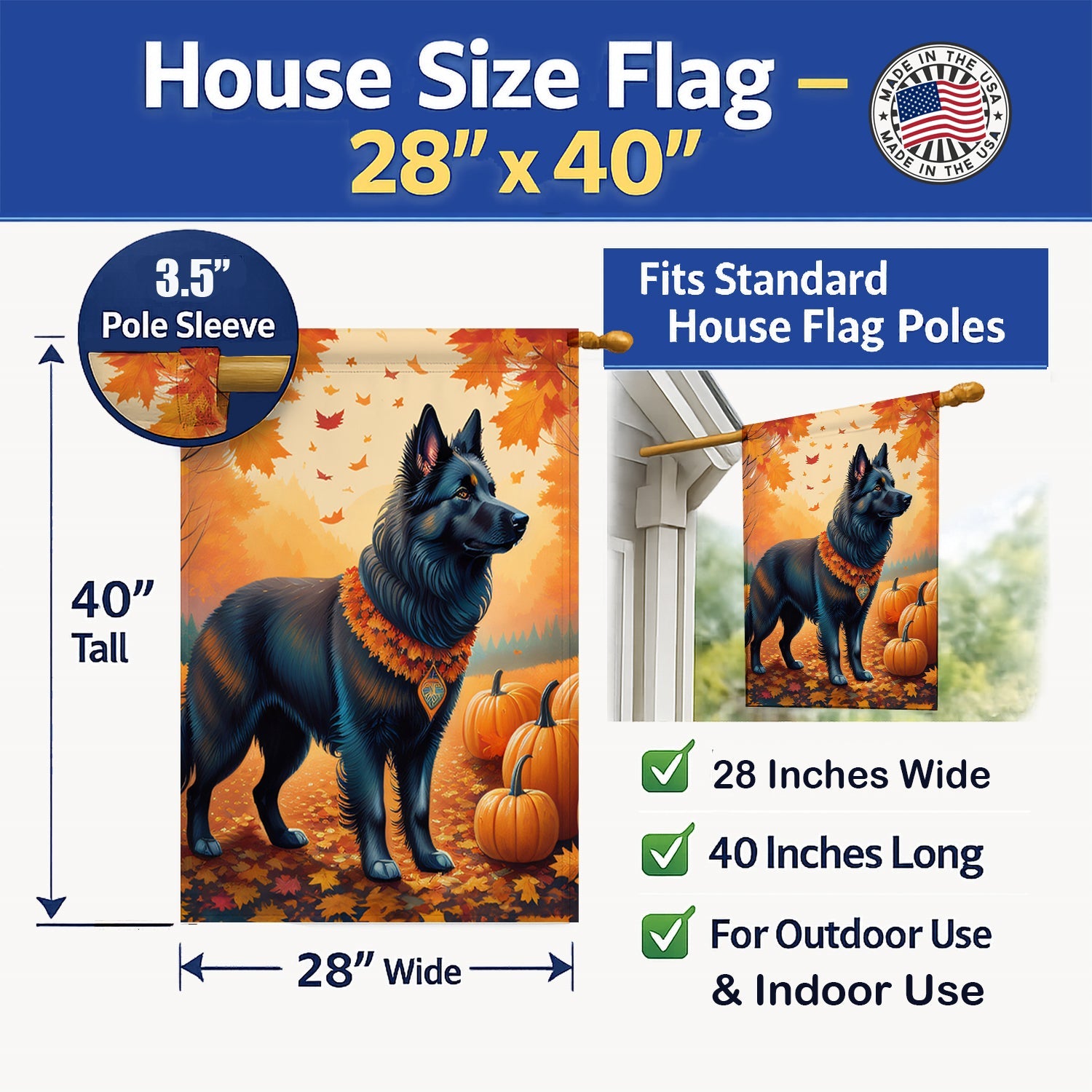 Belgian Sheepdog Fall House Flag 28x40 Porch Sleeve Pole Decorative Outside Yard Banner Artwork Wall Hanging, Polyester
