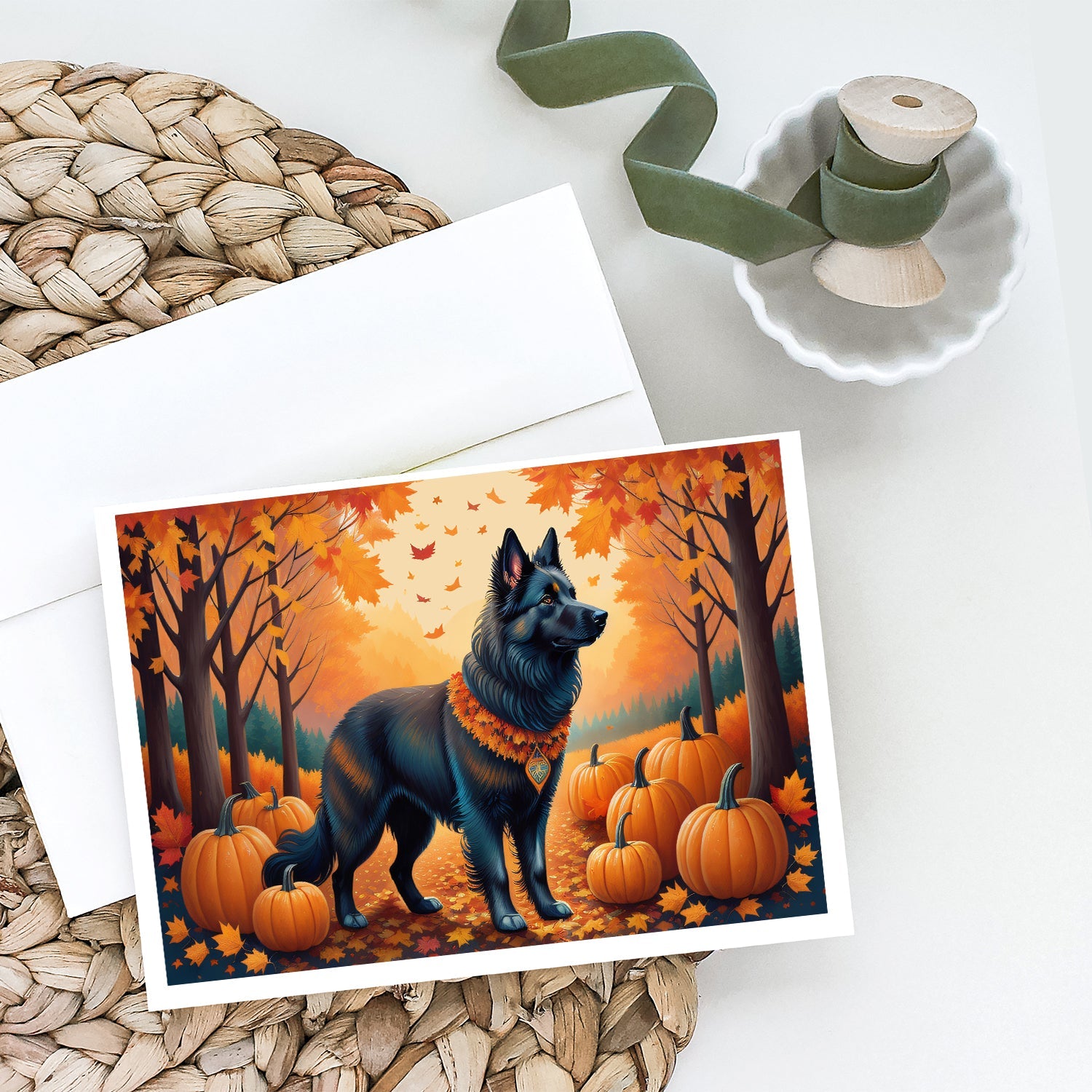 Belgian Sheepdog Fall Greeting Cards Pack of 8 Blank Cards with Envelopes Whimsical A7 Size 5x7