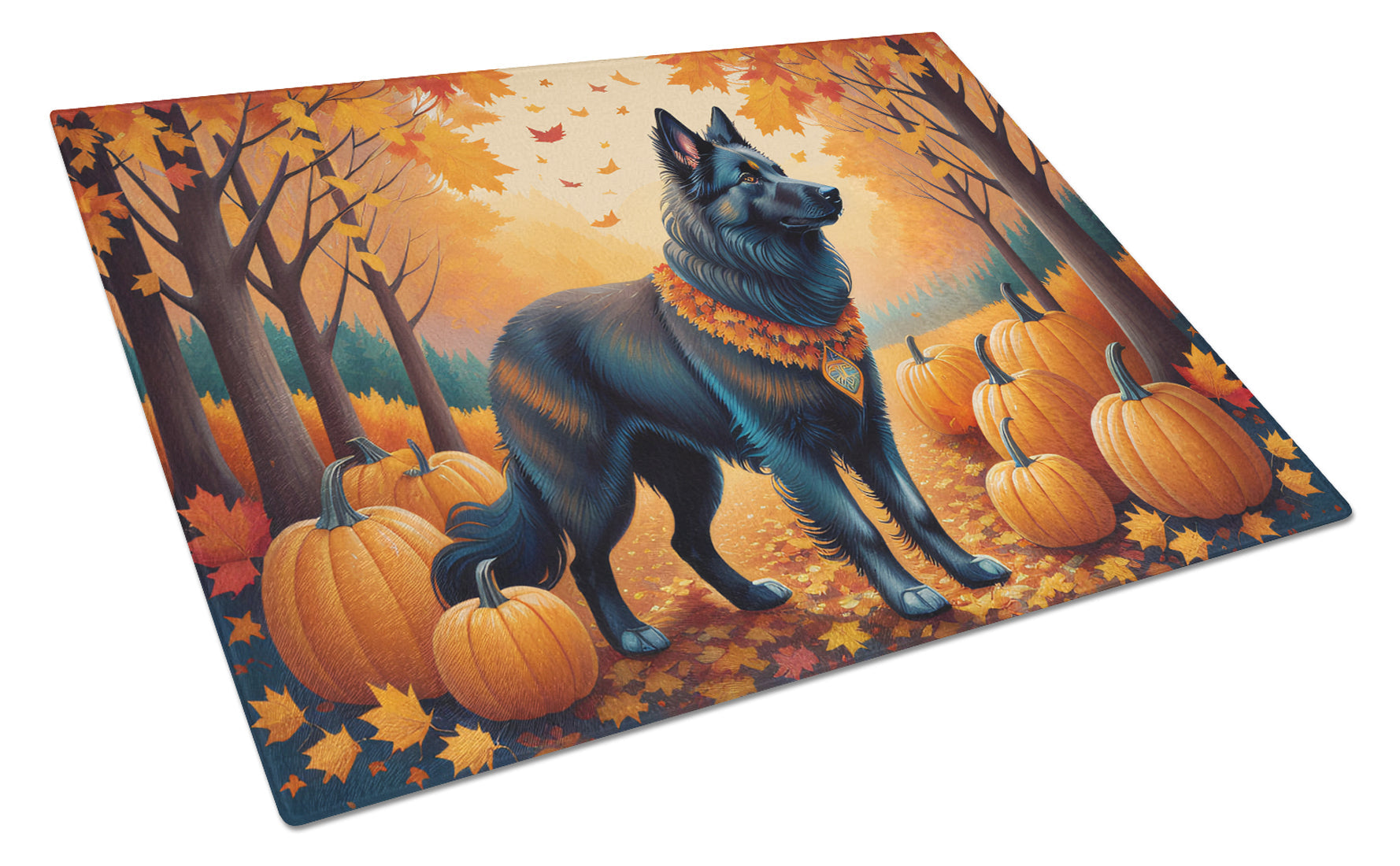 Belgian Sheepdog Fall Cutting Board Tempered Glass Kitchen Cutting Surface, Heat Resistant Chopping, Non-Slip Feet, Food Prep & Serving