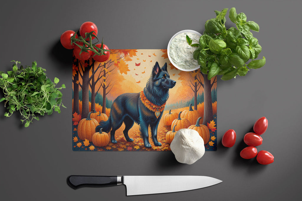 Belgian Sheepdog Fall Cutting Board Tempered Glass Kitchen Cutting Surface, Heat Resistant Chopping, Non-Slip Feet, Food Prep & Serving