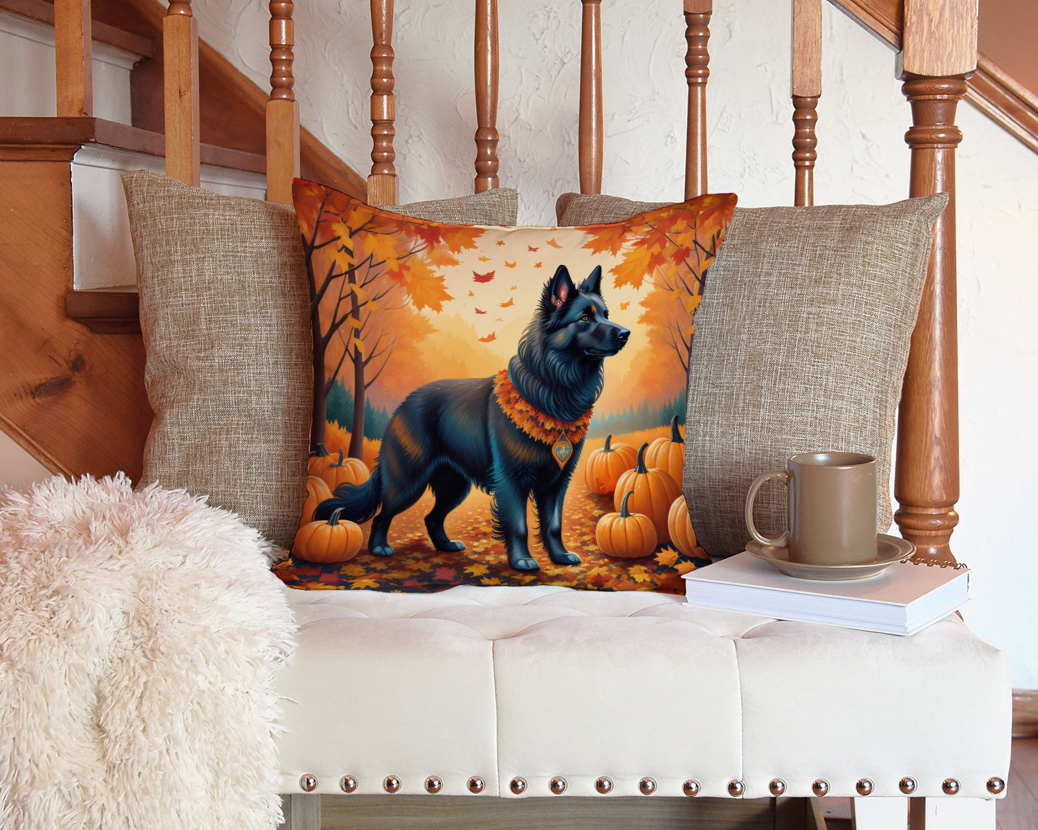 Belgian Sheepdog Fall Decorative Throw Pillow 14x14 Indoor Outdoor Accent Cushion, Fabric Cover with Insert for Sofa, Bed, Porch & Living Room