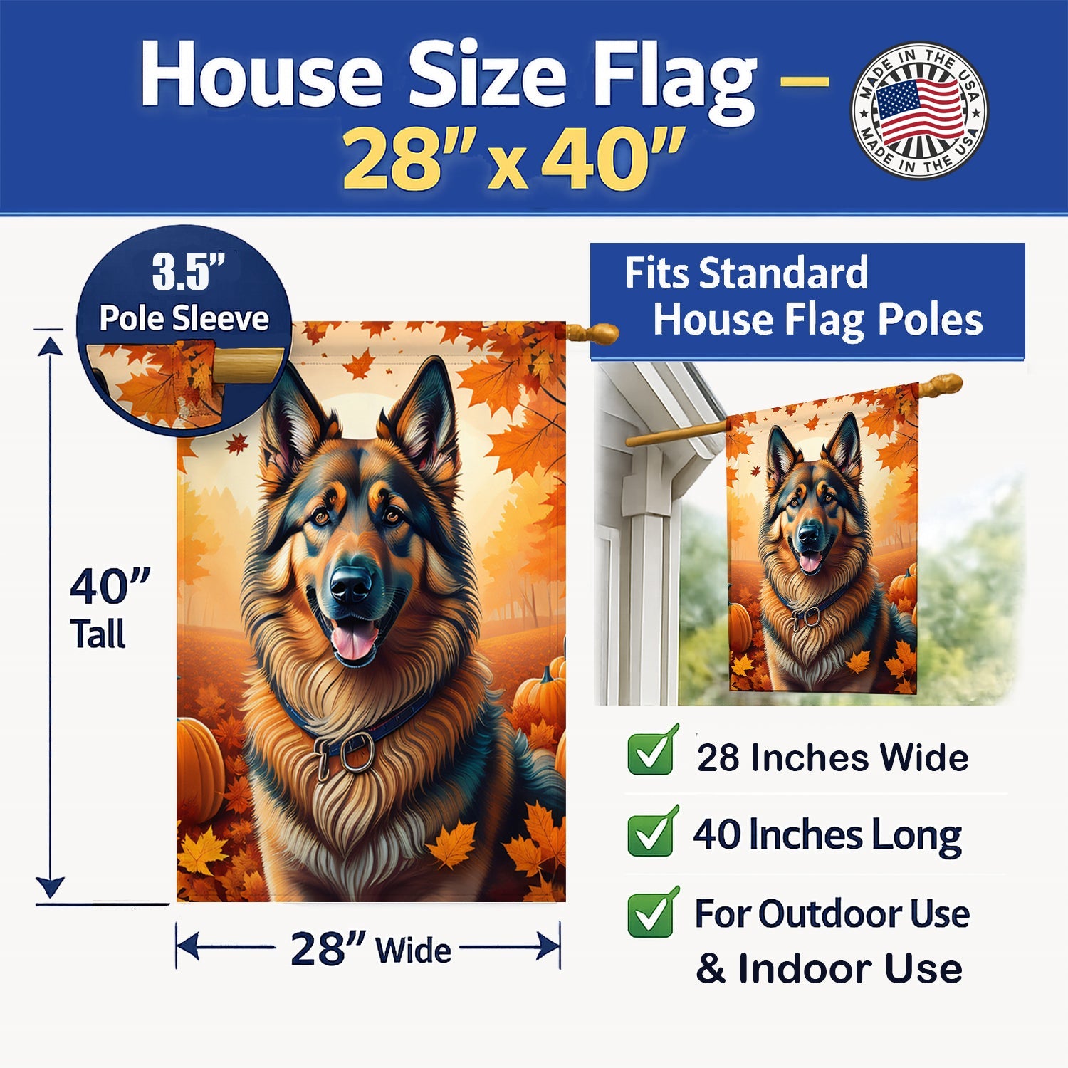 Belgian Tervuren Fall House Flag 28x40 Porch Sleeve Pole Decorative Outside Yard Banner Artwork Wall Hanging, Polyester