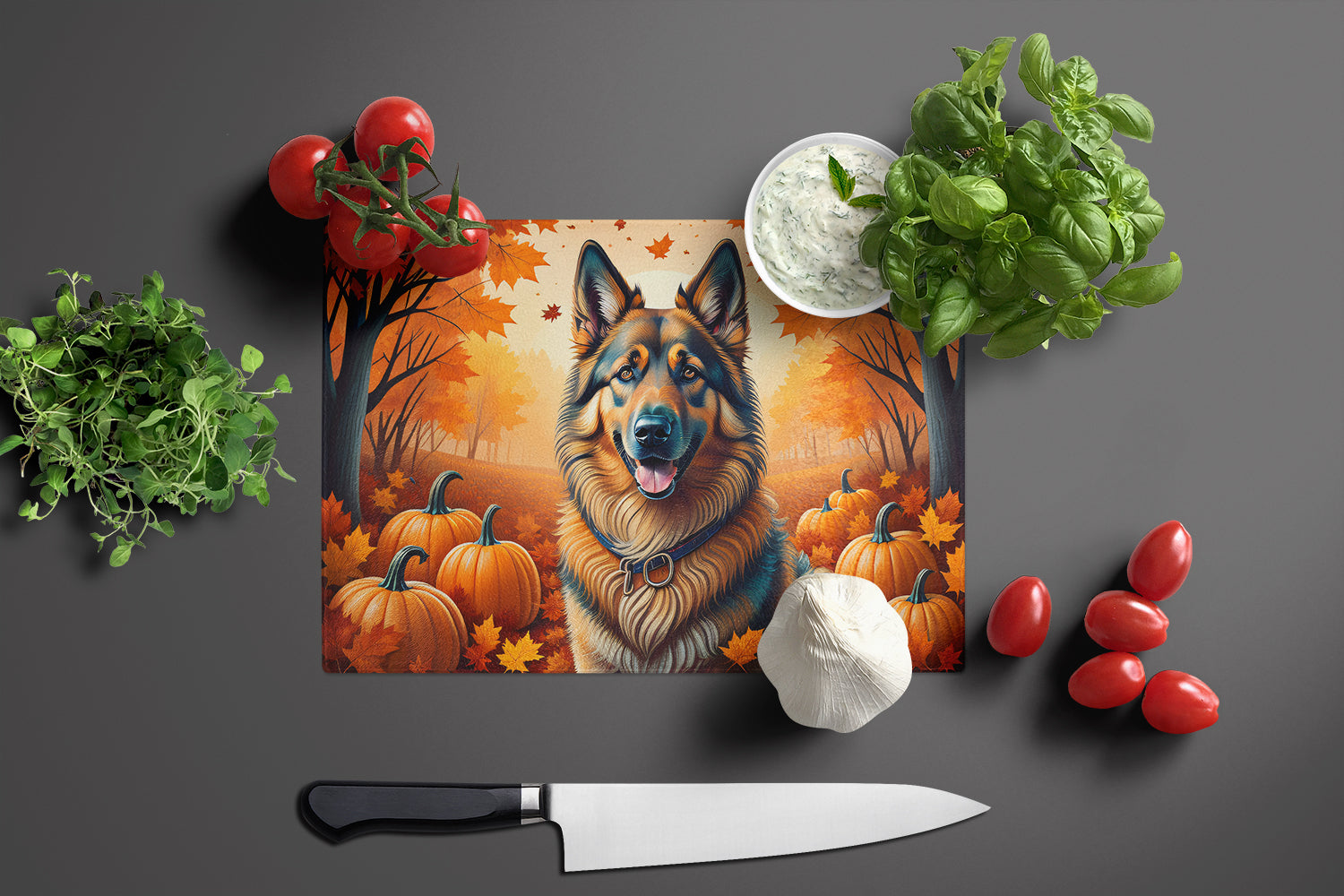 Belgian Tervuren Fall Cutting Board Tempered Glass Kitchen Cutting Surface, Heat Resistant Chopping, Non-Slip Feet, Food Prep & Serving