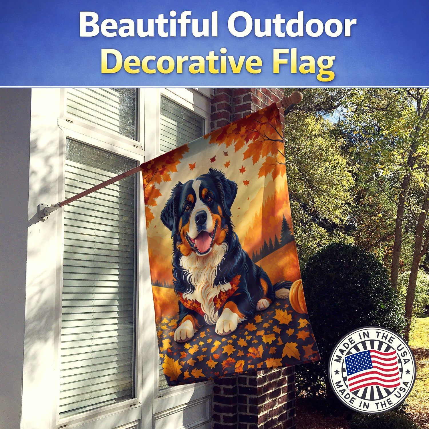 Bernese Mountain Dog Fall House Flag 28x40 Porch Sleeve Pole Decorative Outside Yard Banner Artwork Wall Hanging, Polyester