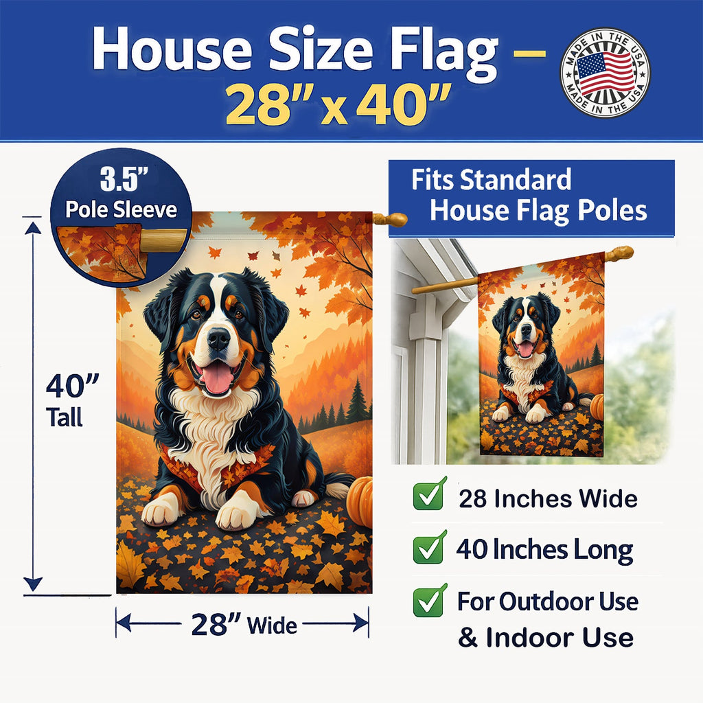 Bernese Mountain Dog Fall House Flag 28x40 Porch Sleeve Pole Decorative Outside Yard Banner Artwork Wall Hanging, Polyester