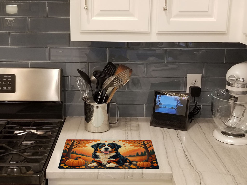 Bernese Mountain Dog Fall Cutting Board Tempered Glass Kitchen Cutting Surface, Heat Resistant Chopping, Non-Slip Feet, Food Prep & Serving