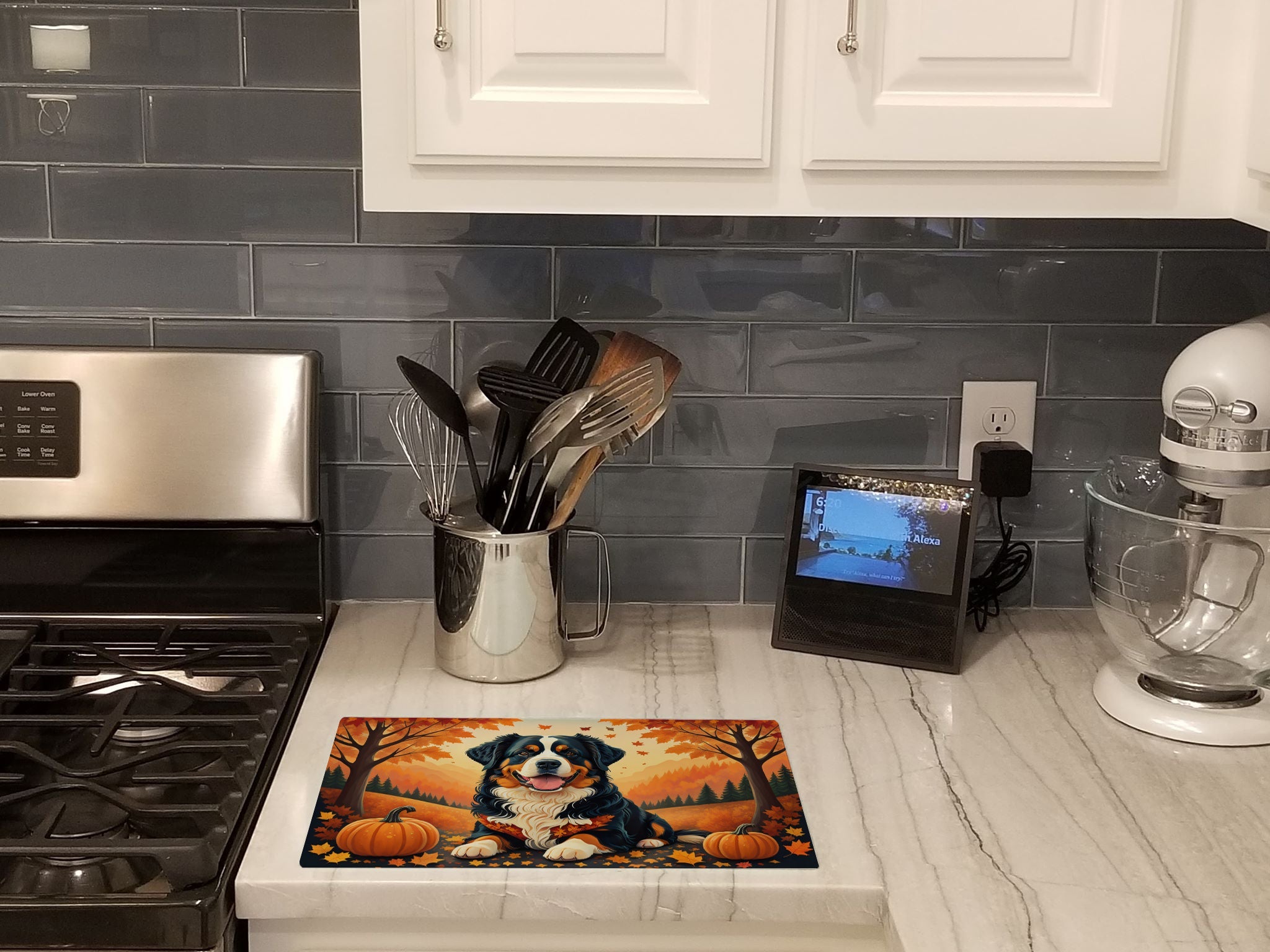 Bernese Mountain Dog Fall Cutting Board Tempered Glass Kitchen Cutting Surface, Heat Resistant Chopping, Non-Slip Feet, Food Prep & Serving