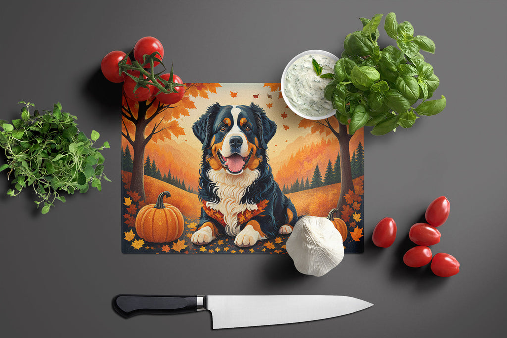 Bernese Mountain Dog Fall Cutting Board Tempered Glass Kitchen Cutting Surface, Heat Resistant Chopping, Non-Slip Feet, Food Prep & Serving