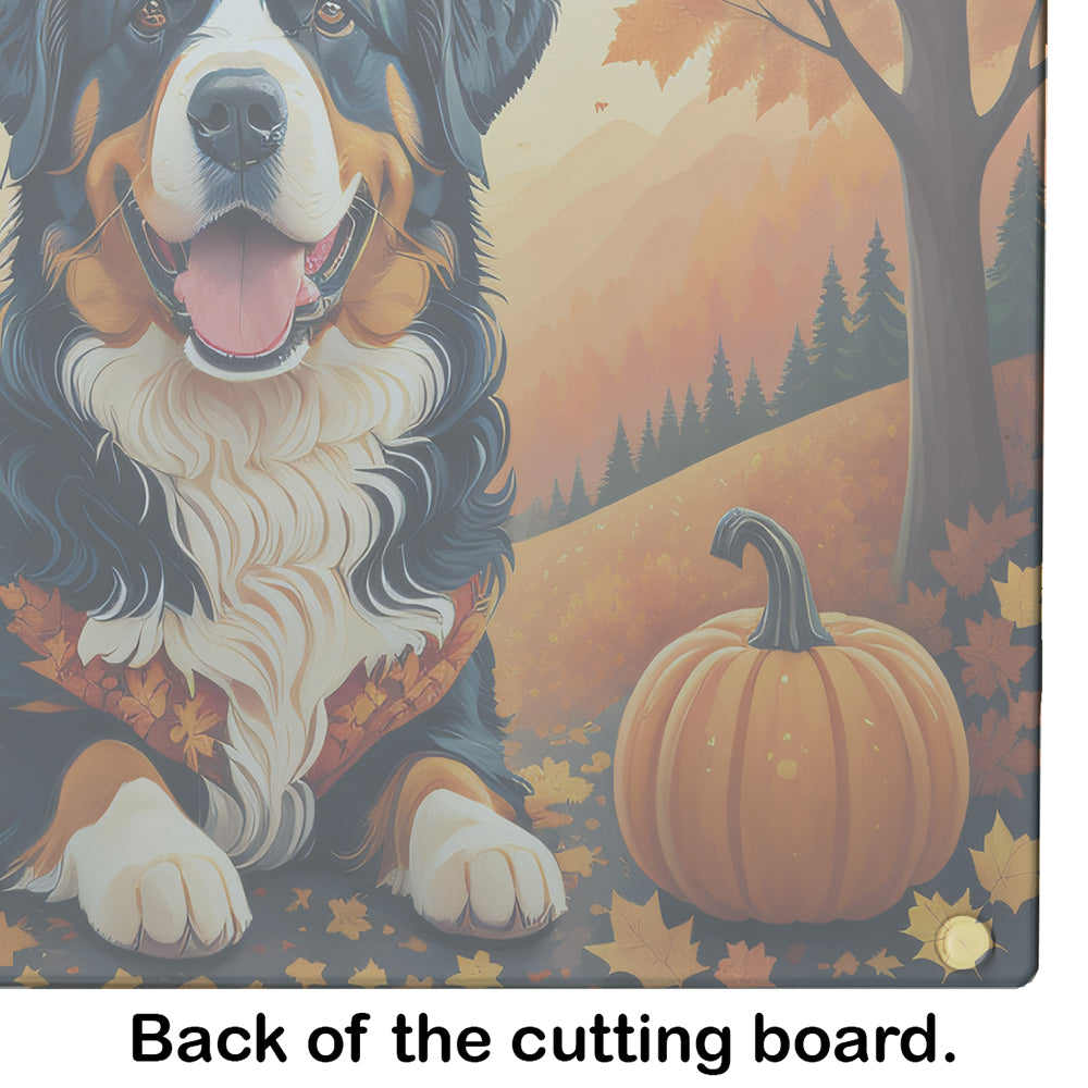 Bernese Mountain Dog Fall Cutting Board Tempered Glass Kitchen Cutting Surface, Heat Resistant Chopping, Non-Slip Feet, Food Prep & Serving