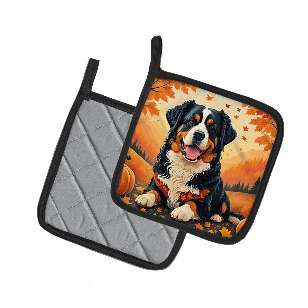 Bernese Mountain Dog Fall Pot Holder Set of 2 Heat Resistant Quilted Hot Pads 7.5 x 7.5 Inch, Insulated Kitchen Trivets for Cooking & Baking