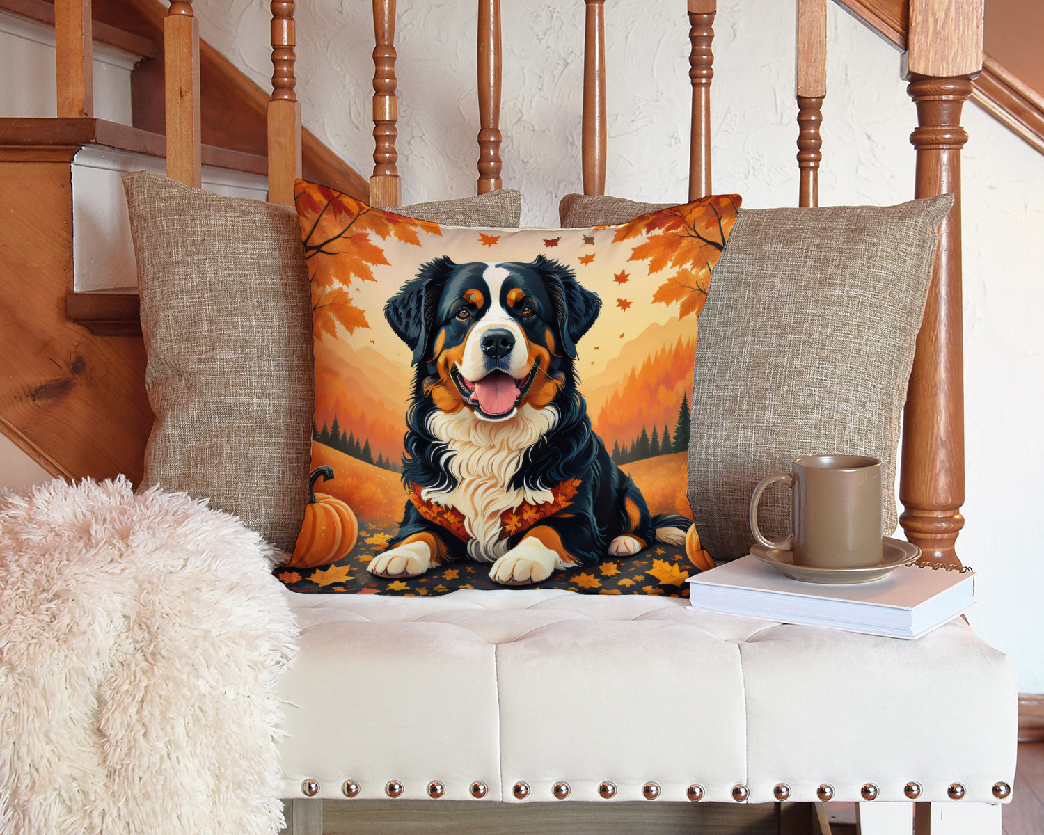 Bernese Mountain Dog Fall Decorative Throw Pillow 14x14 Indoor Outdoor Accent Cushion, Fabric Cover with Insert for Sofa, Bed, Porch & Living Room