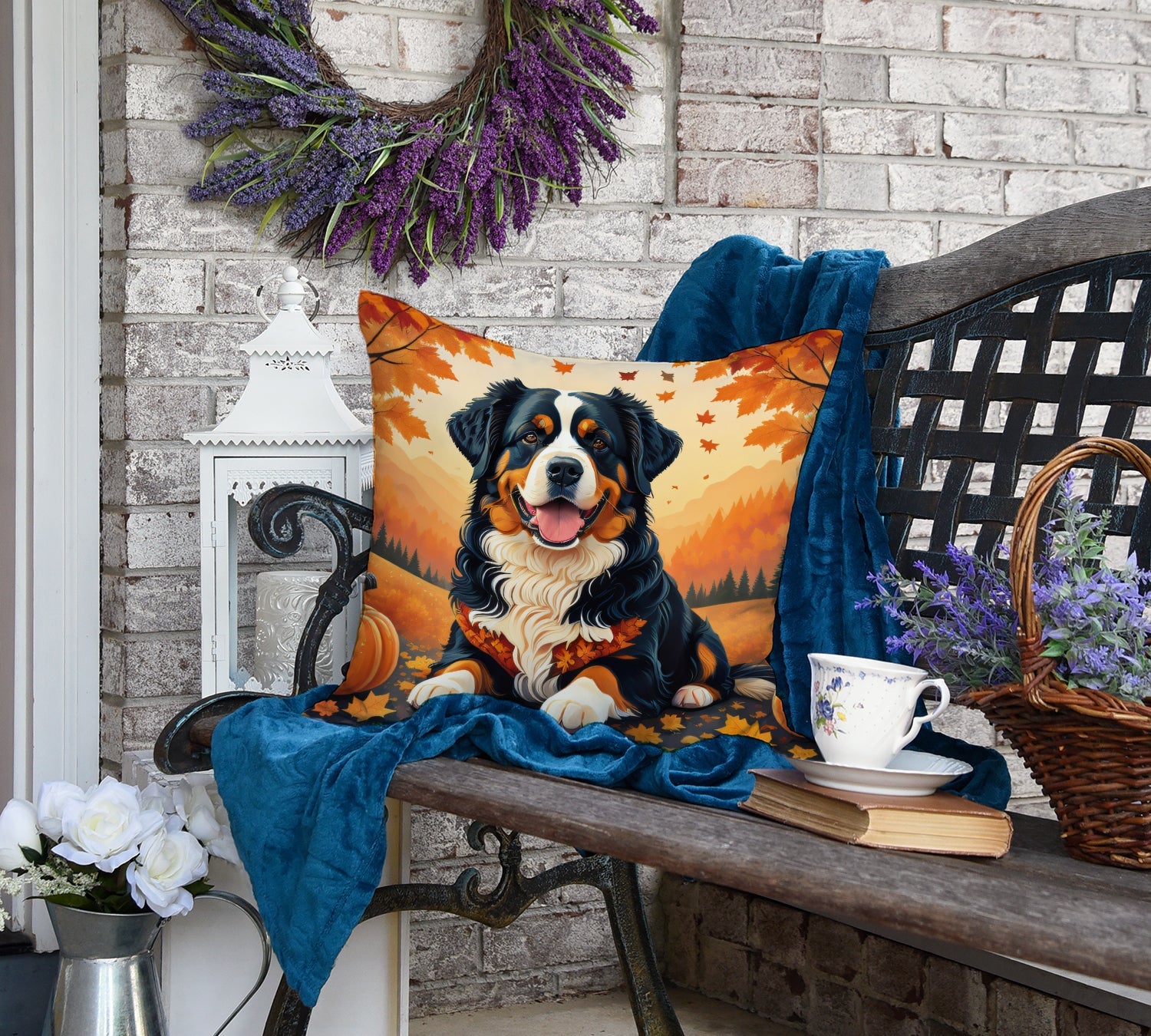 Bernese Mountain Dog Fall Decorative Throw Pillow 18x18 Indoor Outdoor Accent Cushion, Fabric Cover with Insert for Sofa, Bed, Porch & Living Room