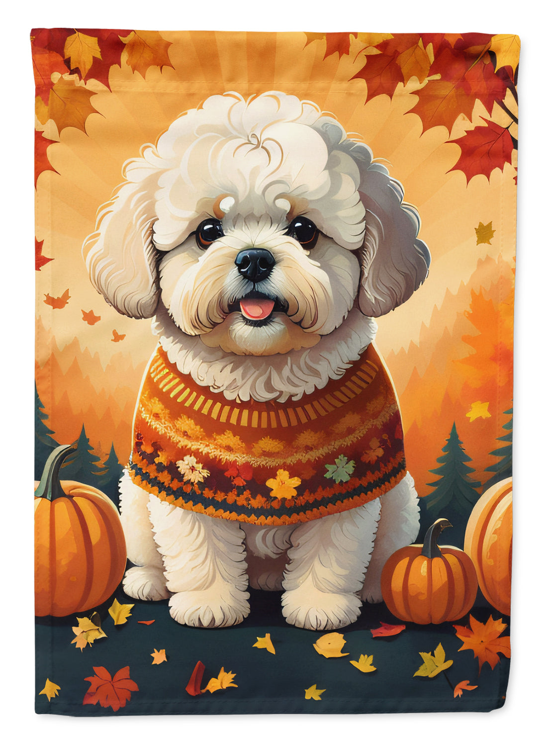 Bichon Frise Fall House Flag 28x40 Porch Sleeve Pole Decorative Outside Yard Banner Artwork Wall Hanging, Polyester