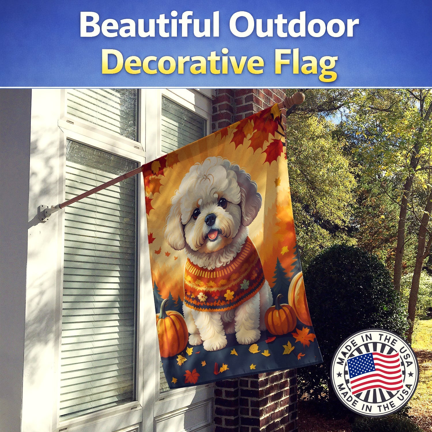 Bichon Frise Fall House Flag 28x40 Porch Sleeve Pole Decorative Outside Yard Banner Artwork Wall Hanging, Polyester