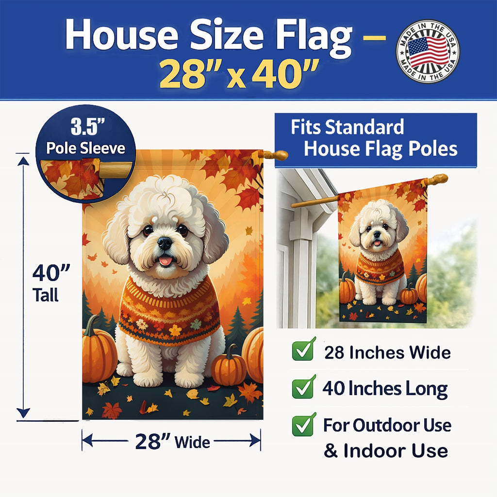 Bichon Frise Fall House Flag 28x40 Porch Sleeve Pole Decorative Outside Yard Banner Artwork Wall Hanging, Polyester