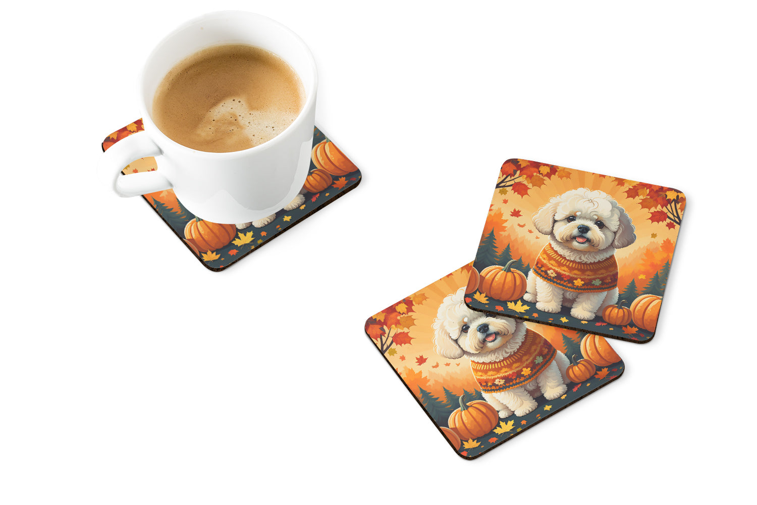 Bichon Frise Fall Foam Coasters Set of 4 Cup Coasters for Indoor Outdoor, Tabletop Protection, Anti Slip, Mouse pad Material