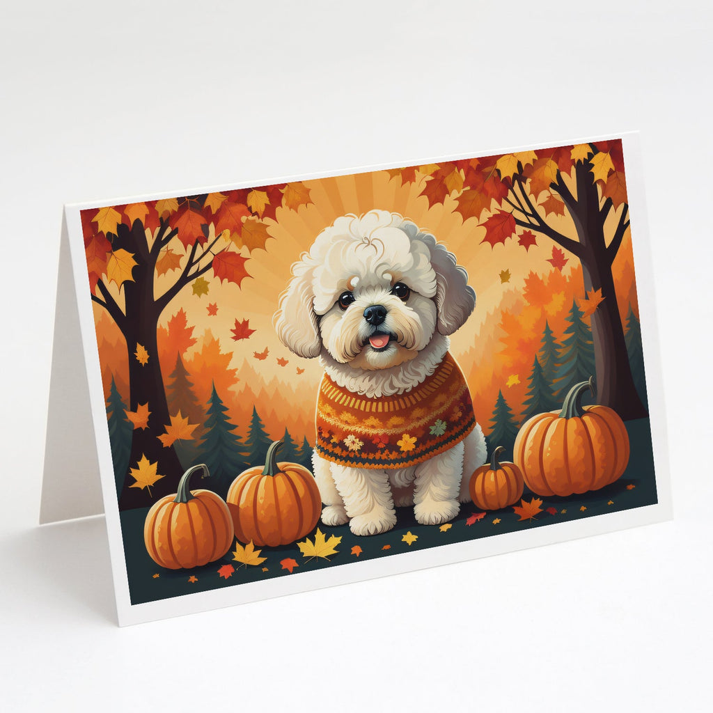 Bichon Frise Fall Greeting Cards Pack of 8 Blank Cards with Envelopes Whimsical A7 Size 5x7
