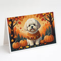 Bichon Frise Fall Greeting Cards Pack of 8 Blank Cards with Envelopes Whimsical A7 Size 5x7