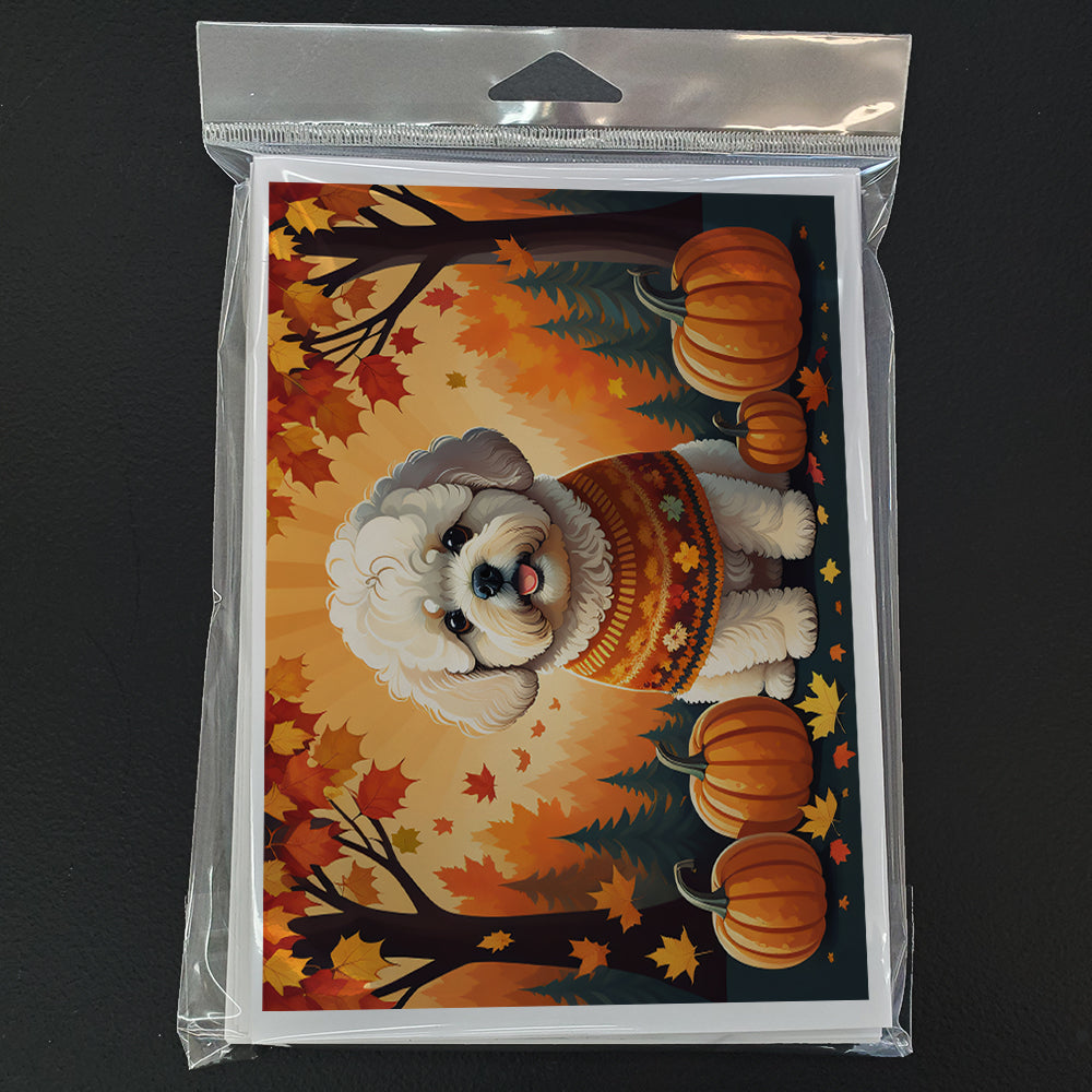 Bichon Frise Fall Greeting Cards Pack of 8 Blank Cards with Envelopes Whimsical A7 Size 5x7