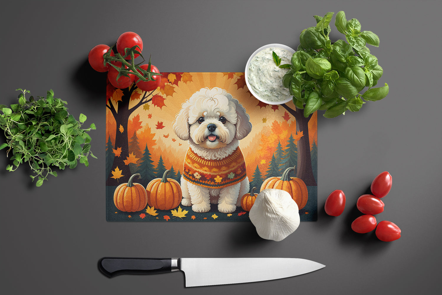 Bichon Frise Fall Cutting Board Tempered Glass Kitchen Cutting Surface, Heat Resistant Chopping, Non-Slip Feet, Food Prep & Serving